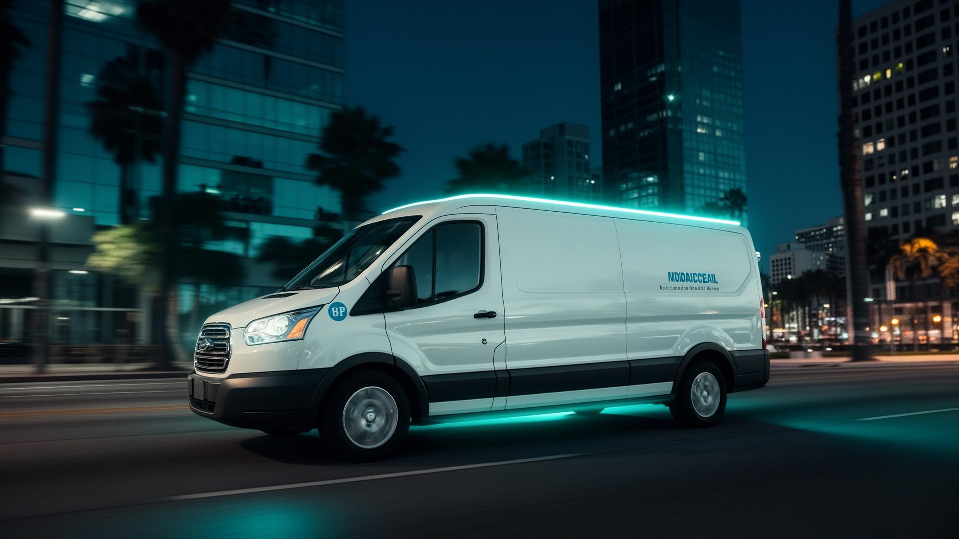 Swift Runner LA medical courier van moving through Los Angeles at twilight
